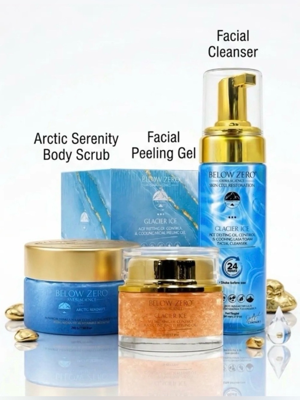Below Zero Arctic Serenity BUNDLE, Body Scrub, Peeling Gel, & Lava Foam Cleanser